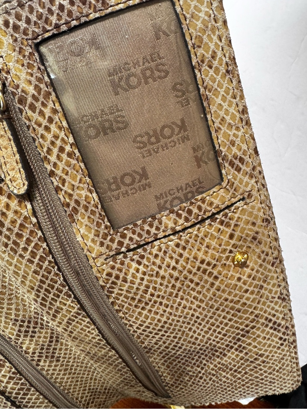 Michael Kors NEW Snakeskin Long Clutch Bag Wristlet Animal Wallet Brown Gold Tan - Picture 8 of 16